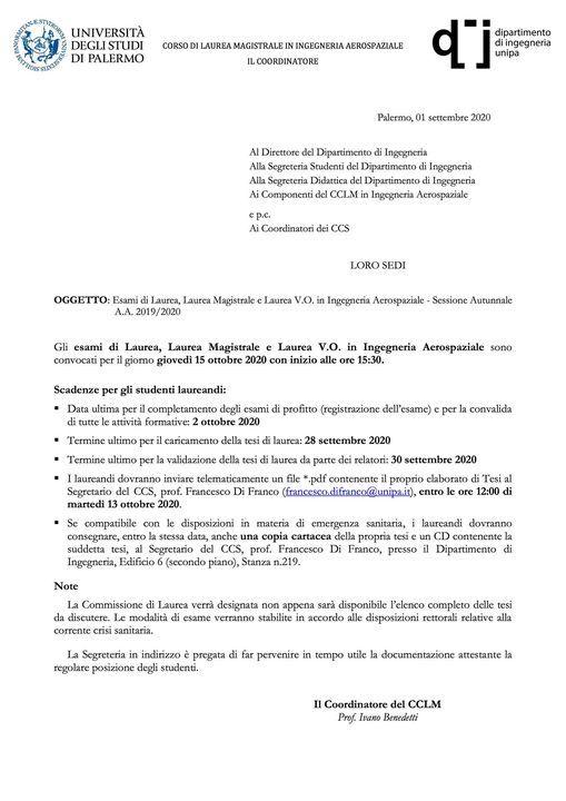 Esami Di Laurea In Ingegneria Aerospaziale Dipartimento Di Ingegneria Universita Degli Studi Di Palermo October 15 Allevents In